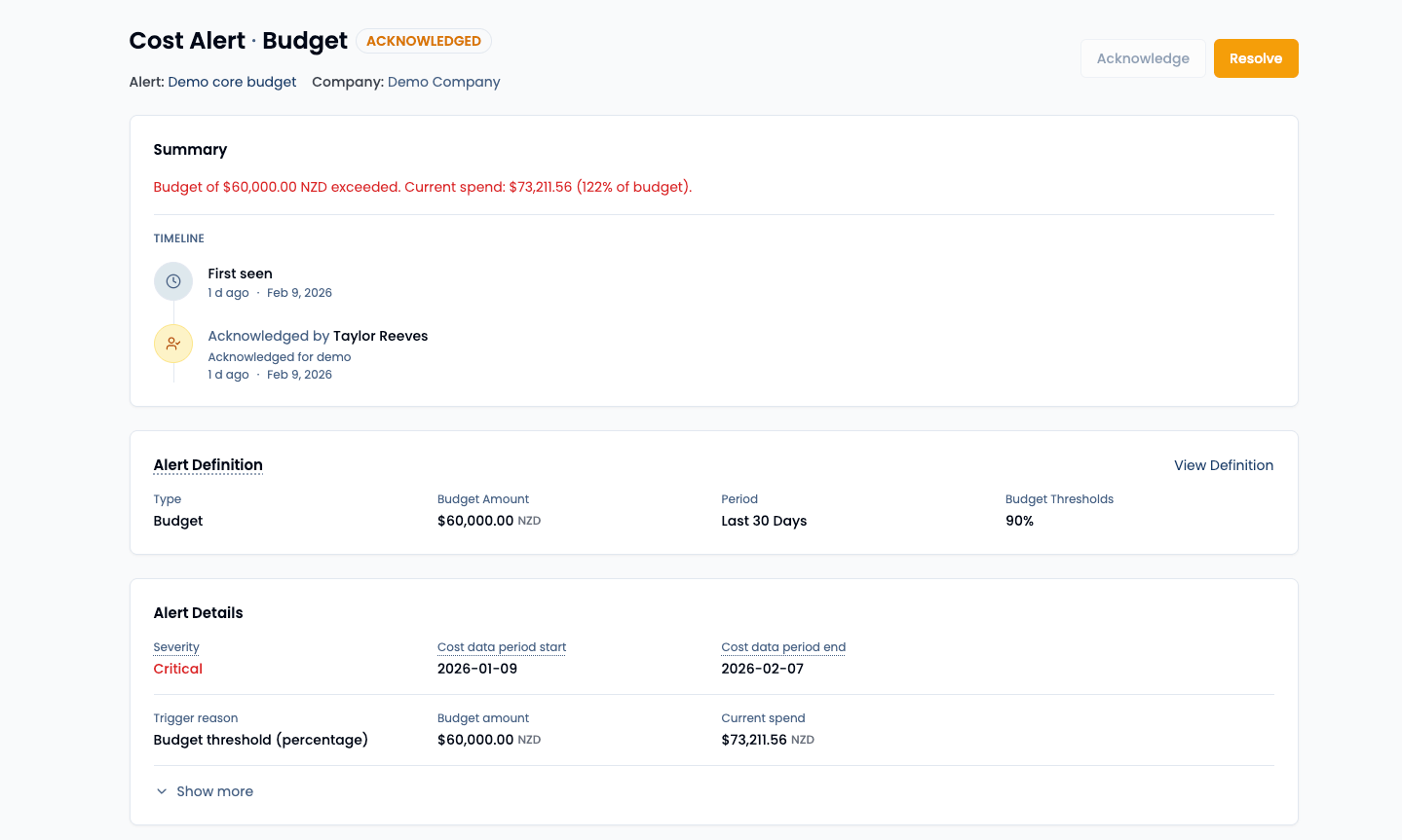 Spotto Portal Cost Alerts overview showing alert history and definitions