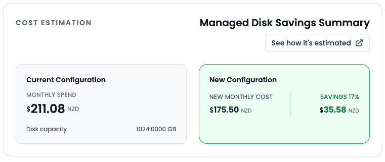 Cost Saving Opportunities card showing current vs target configuration costs