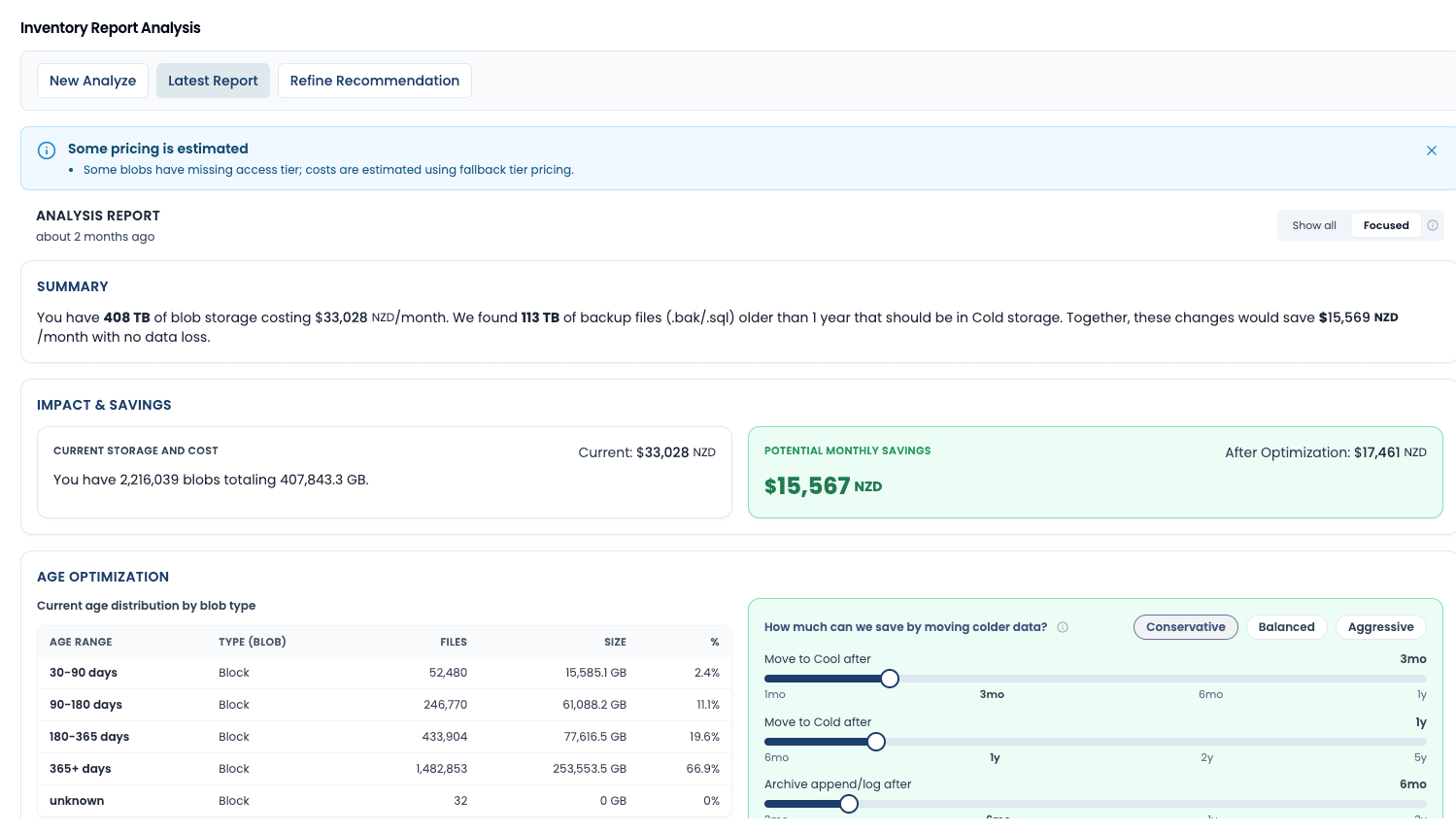 Inventory Report Analysis summary and savings view