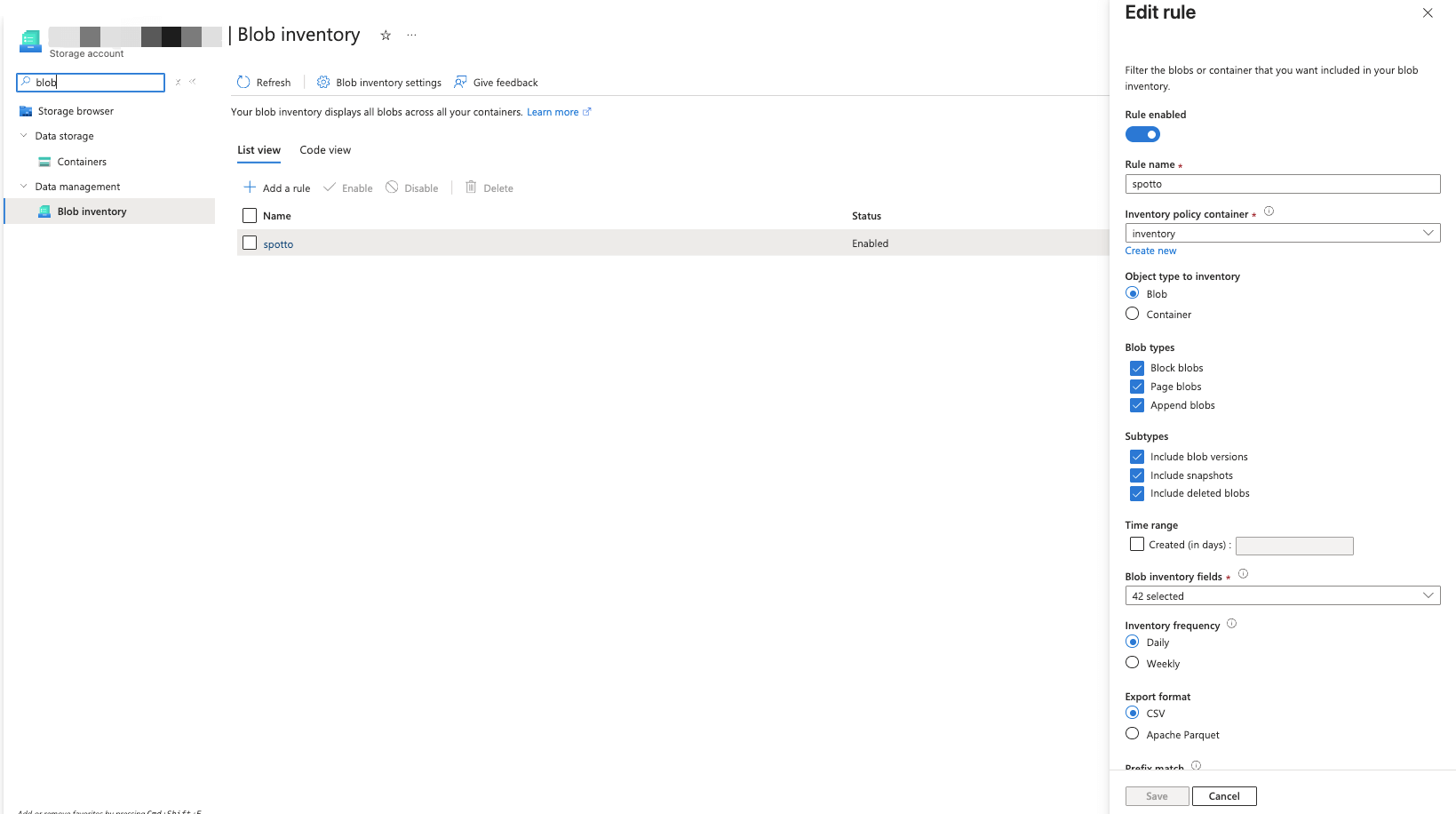 Azure Portal Blob inventory rule configuration showing required settings selected